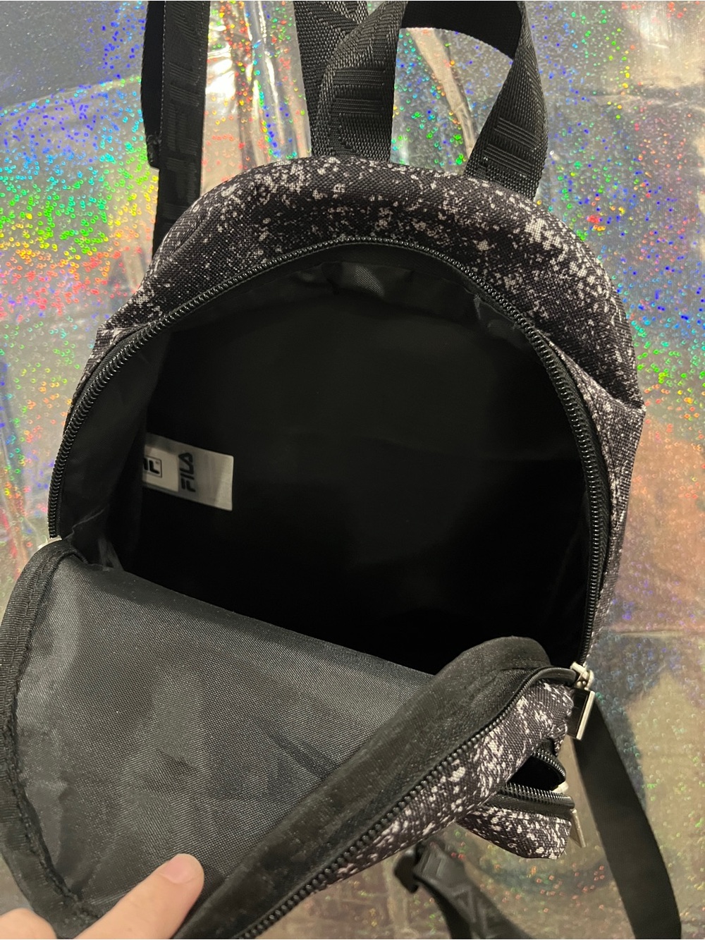 FILA Mini Backpack Black Splatter Print Small Travel Bag Adjustable Straps - Picture 6 of 8